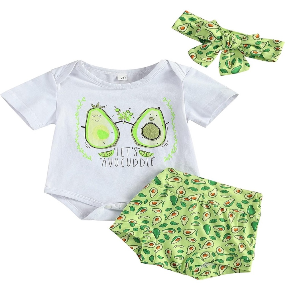 “LET’S AVOCUDDLE” ADORABLE AVOCADO THEME ONESIE, BLOOMERS AND HEADBAND.